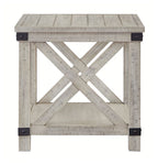 Whitewashed rectangular end table, slatted top, X cross brace inside, open lower shelf