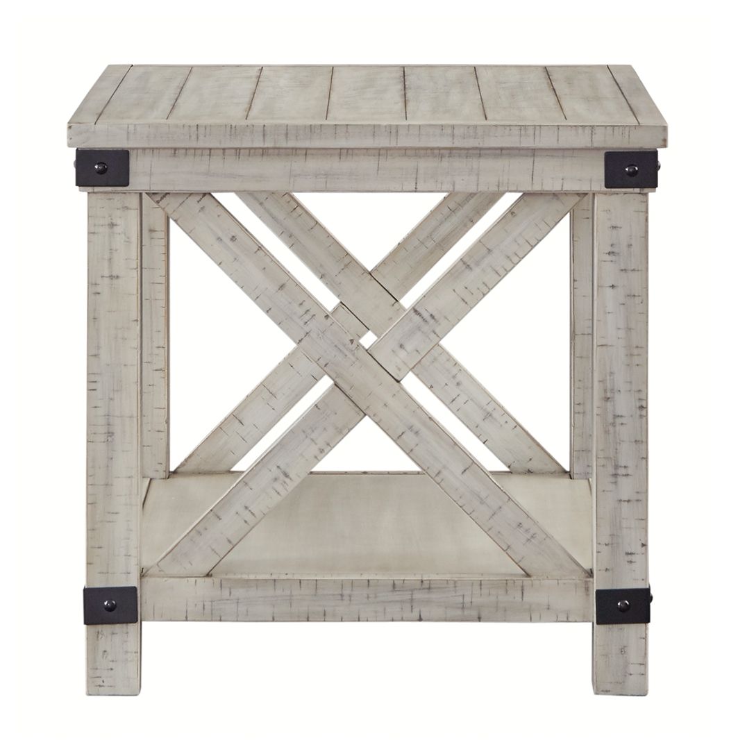Whitewashed rectangular end table, slatted top, X cross brace inside, open lower shelf