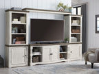 Entertainment center TV stand with open center shelving and side storage cabinets, whitewashed