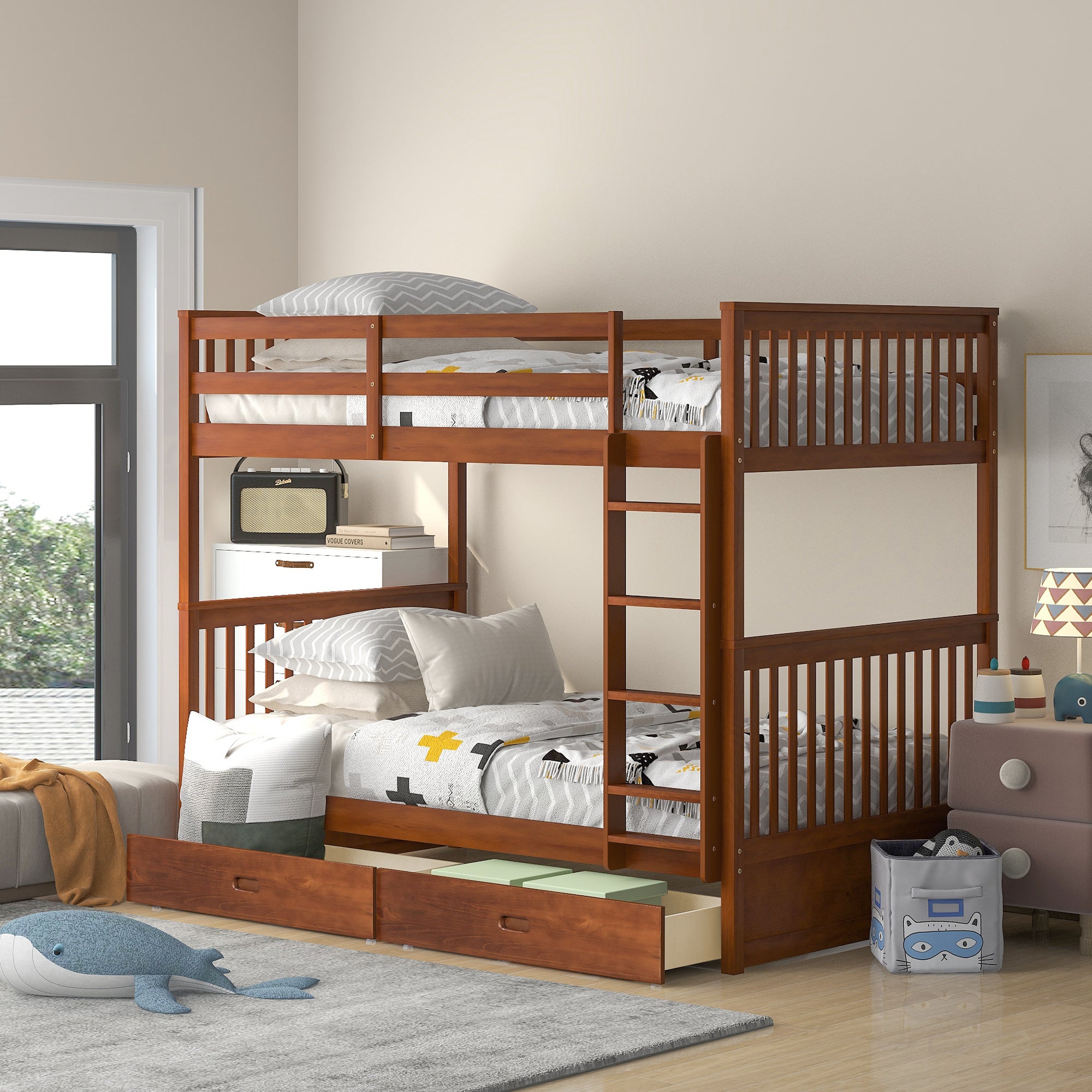 Walnut Twin-Over-Twin Bunk Bed with Ladders and Two Storage Drawers