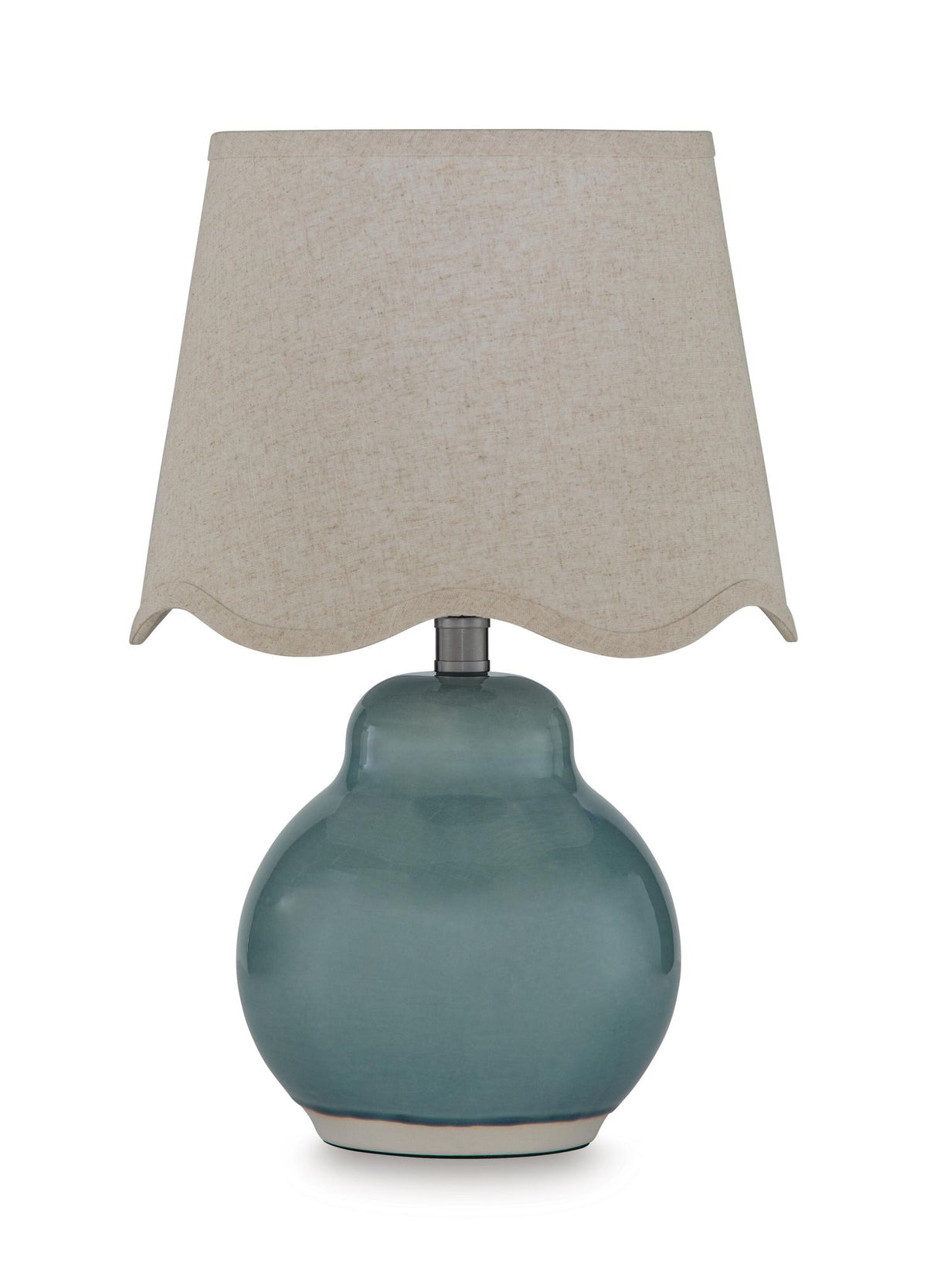Blue ceramic table lamp with beige fabric drum shade and metal neck base