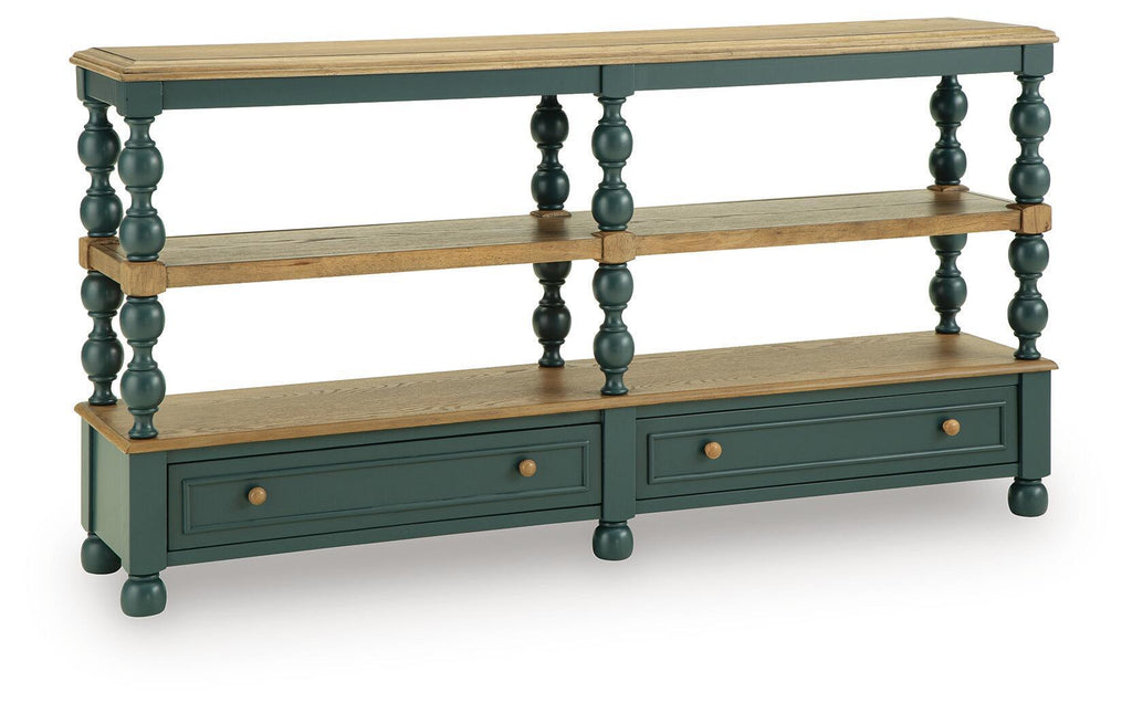 Blue console sofa table with two shelves, two drawers, and turned legs