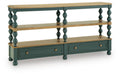 Blue console sofa table with two shelves, two drawers, and turned legs
