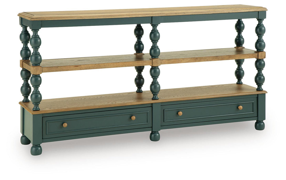 Blue console sofa table with two shelves, two drawers, and turned legs