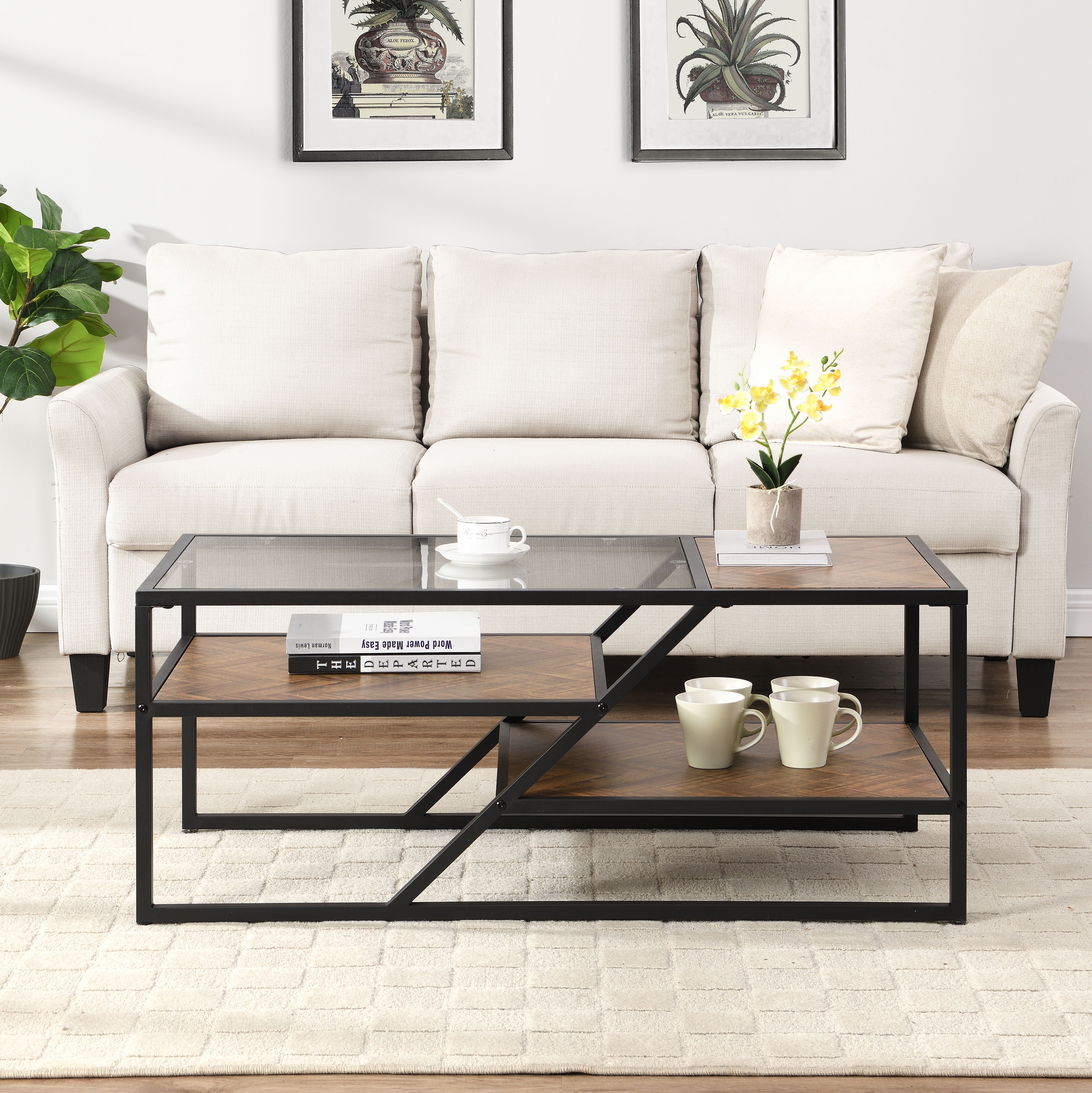 Black Coffee Table With Storage Shelf, Tempered Glass Coffee Table With Metal Frame For Living Room & Bedroom