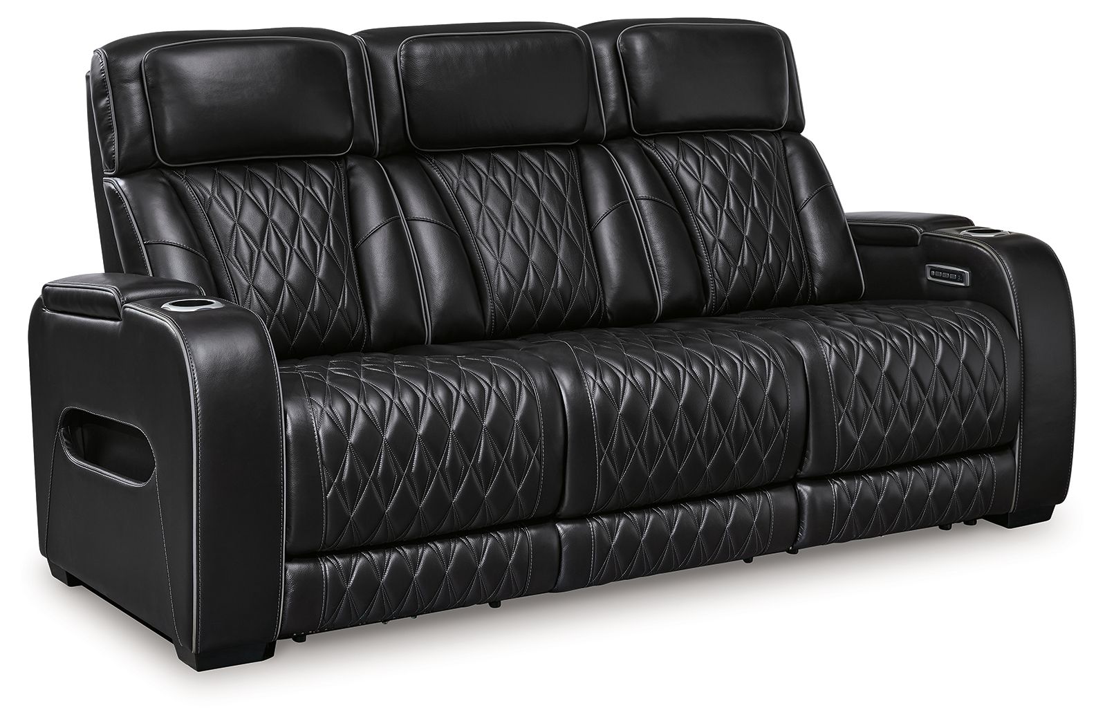 Black power reclining sofa with diamond-quilted cushions and padded armrests
