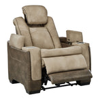 Sand power recliner with adjustable headrest and open footrest, padded arms