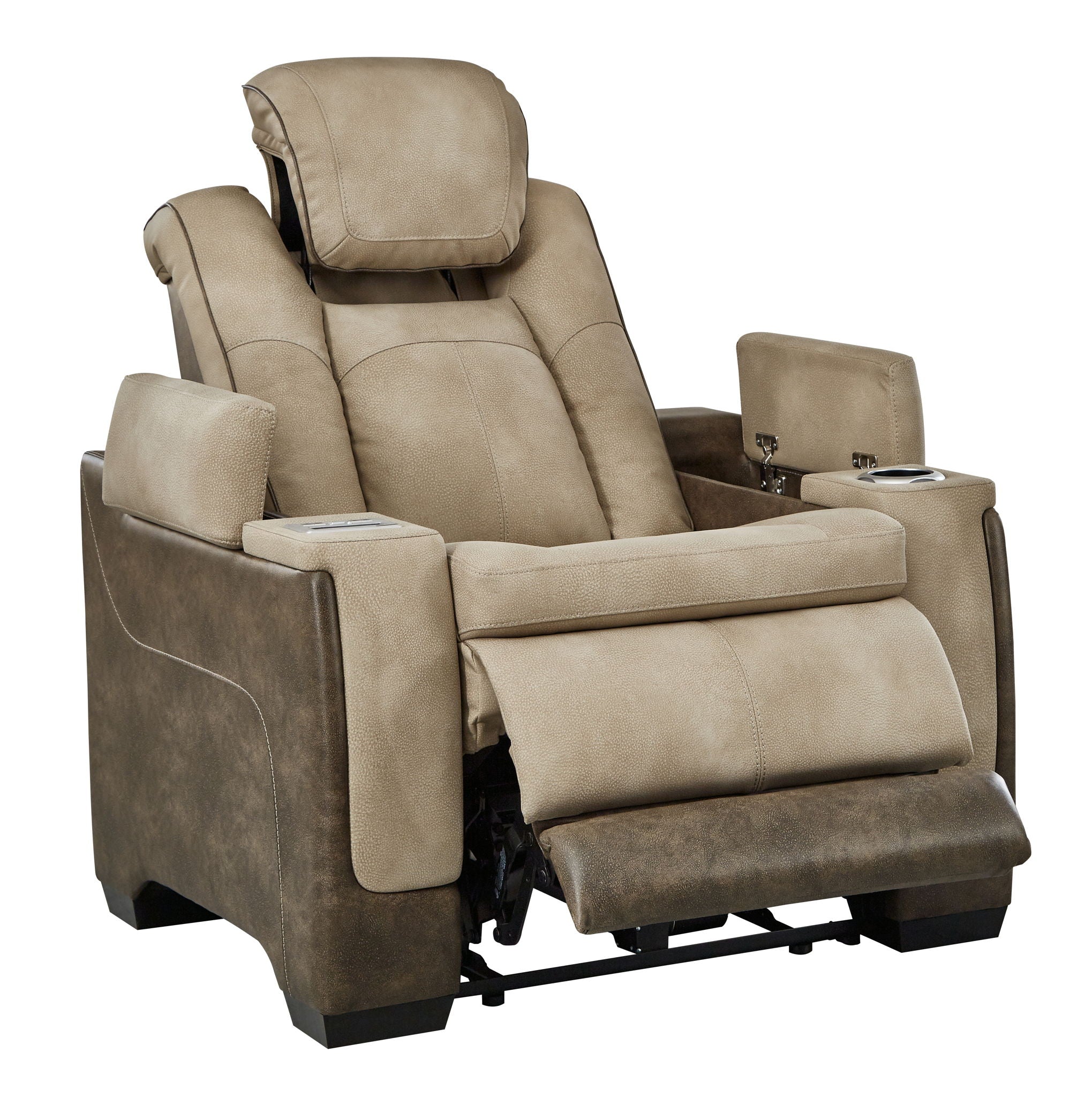 Sand power recliner with adjustable headrest and open footrest, padded arms