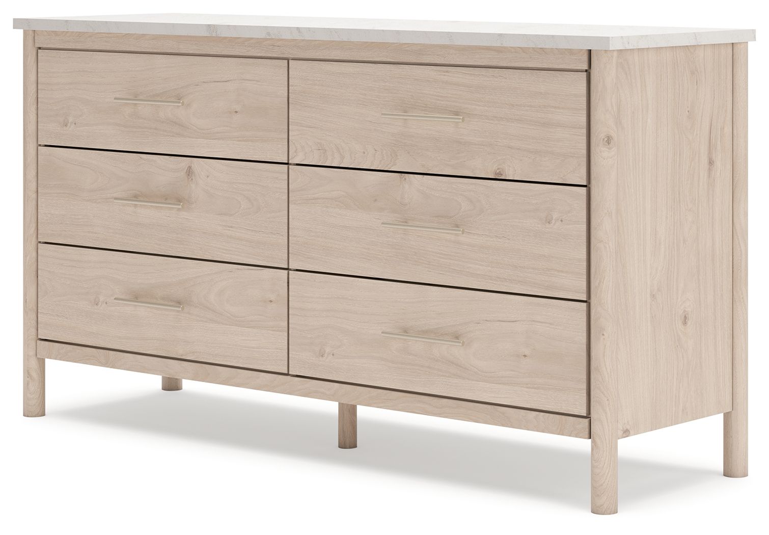 Light wood six-drawer dresser with six panel fronts and metal bar pulls, side view