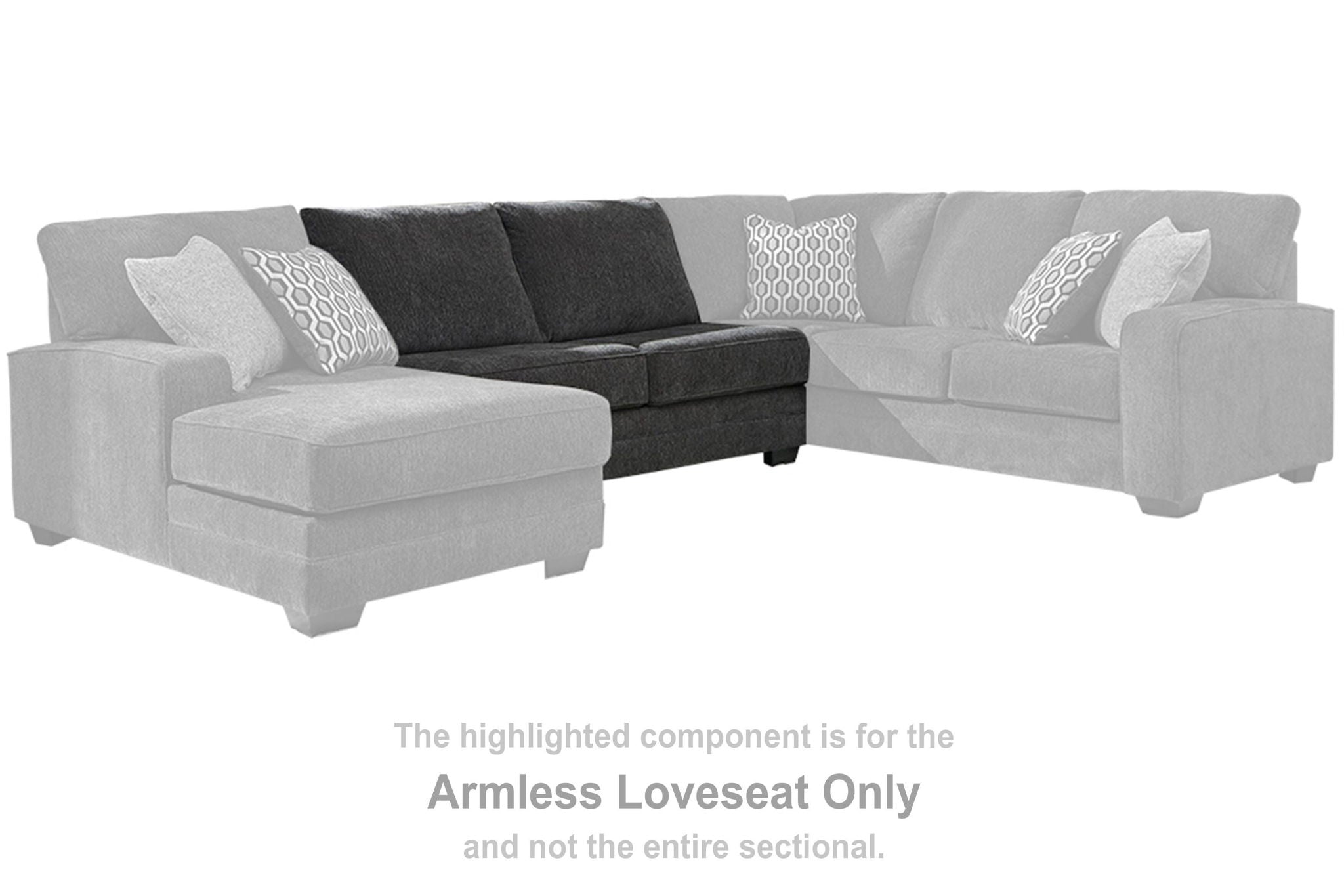 Armless loveseat sectional sofa, slate gray fabric with dark seat and back cushions