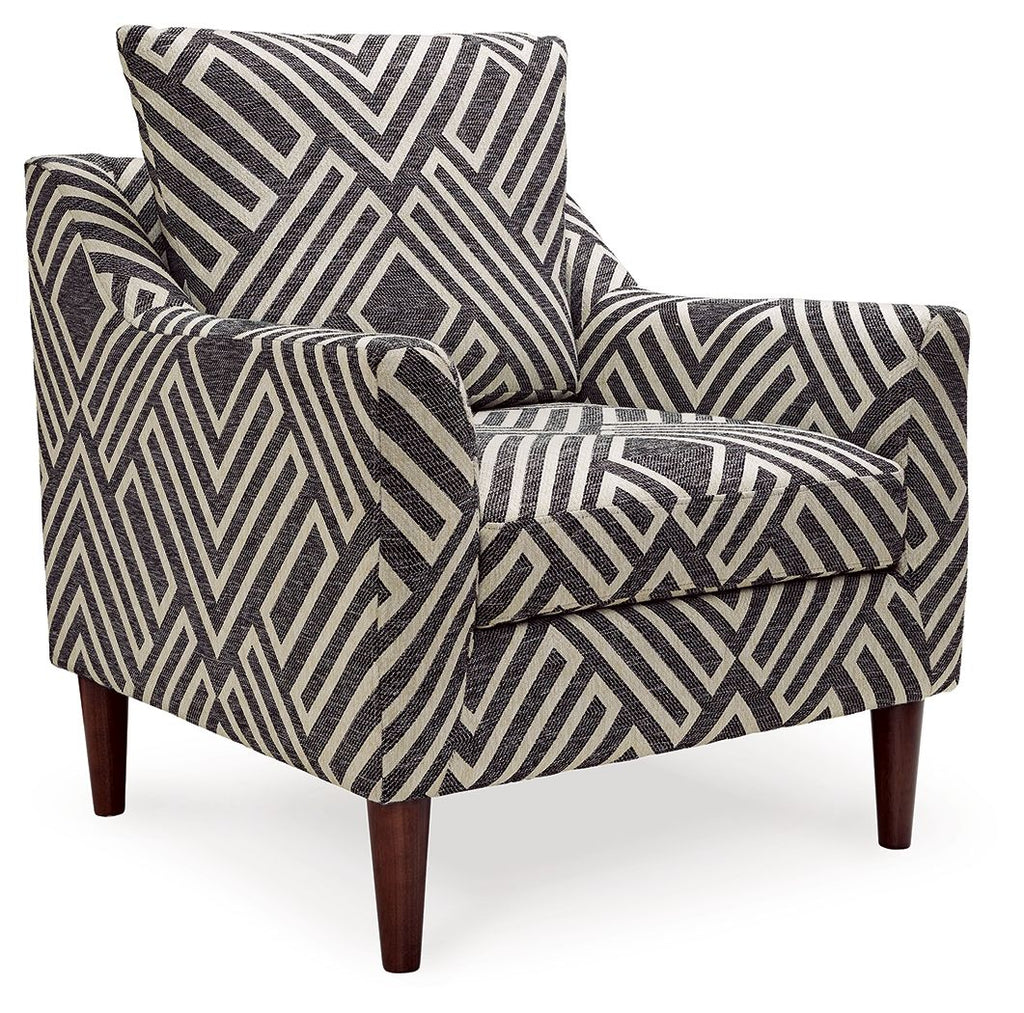 Chevron-pattern accent chair with cushioned seat and arms, dark charcoal and light natural