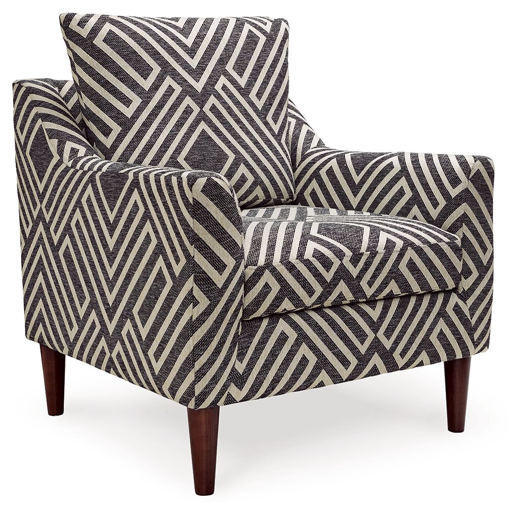 Chevron-pattern accent chair with cushioned seat and arms, dark charcoal and light natural