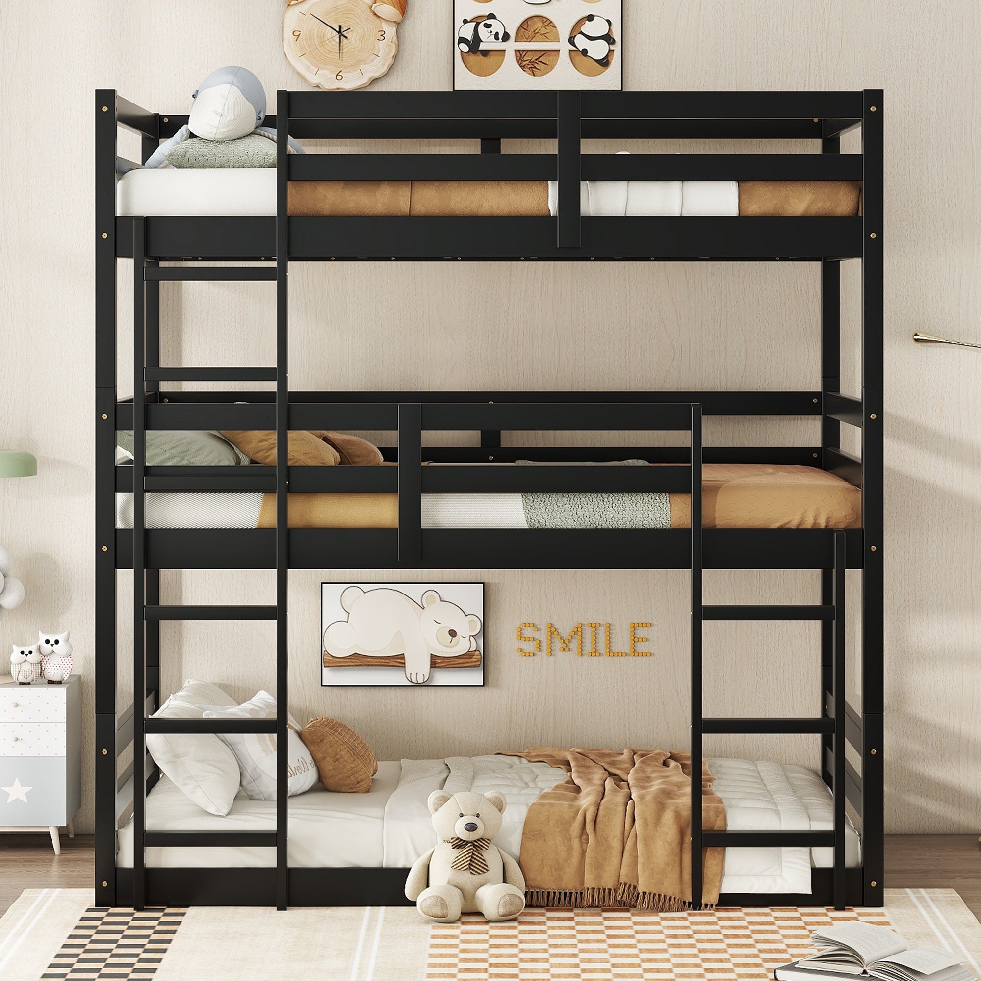 Black Triple Twin Rubber Wood Bunk Bed - Detachable, Ladders, Guardrails