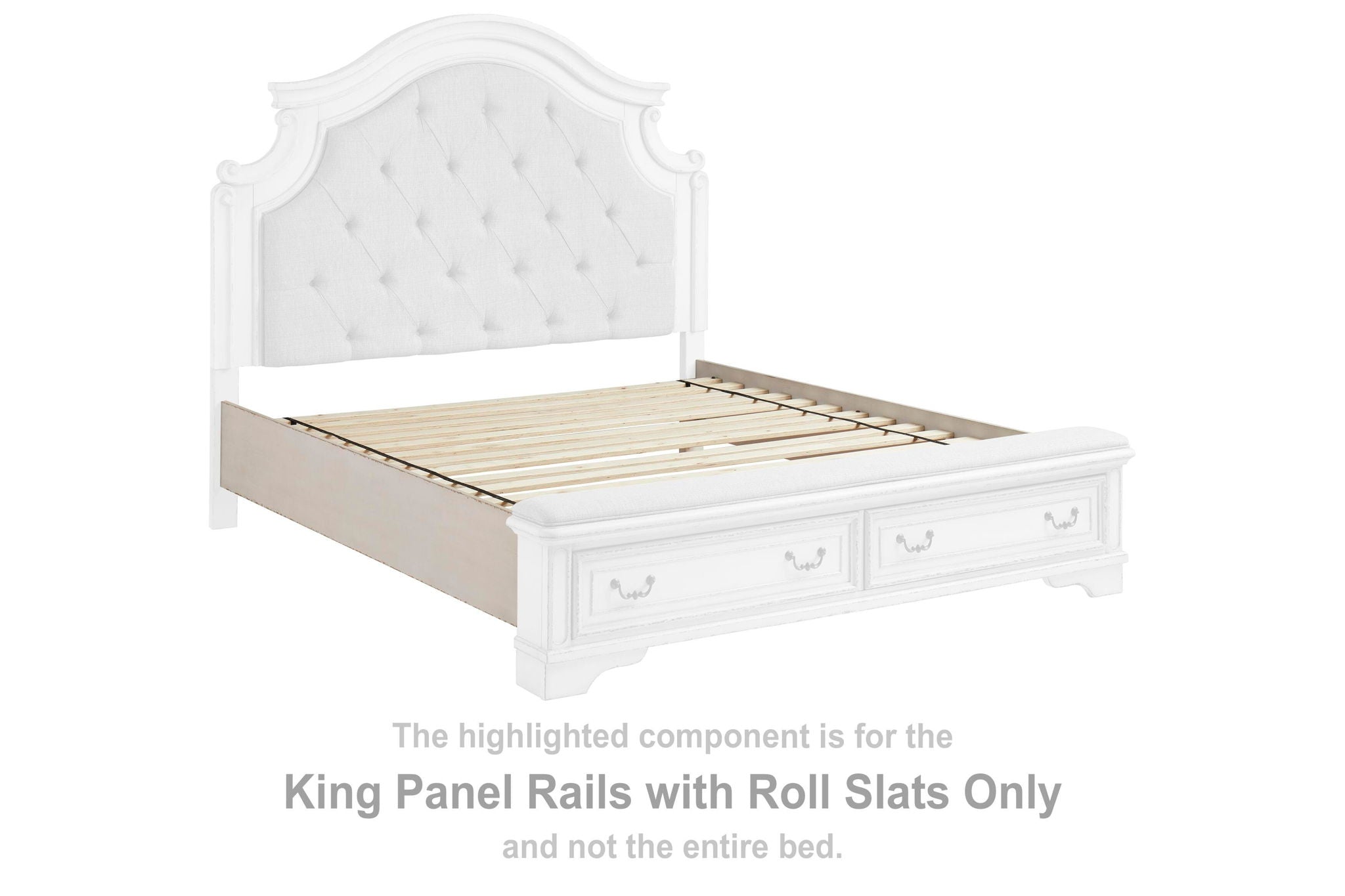 King panel bed rails with roll slats, chipped white, beige slat base