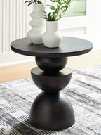 Bronze accent table with stacked hourglass legs and round tabletop, dark finish