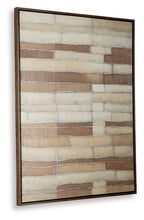 Framed wall art with layered brick-like horizontal lines in brown, tan and white