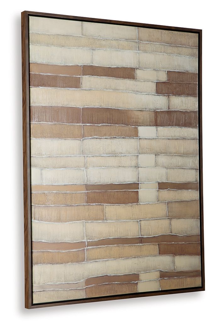 Framed wall art with layered brick-like horizontal lines in brown, tan and white