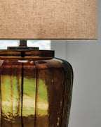 Amber glass table lamp base with ribbed pattern and black hardware