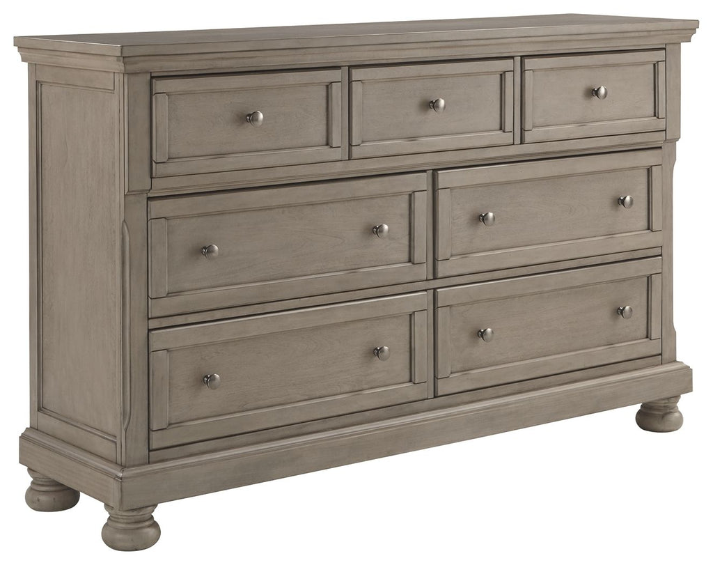 Lettner light gray dresser with multiple drawers and round metal knobs