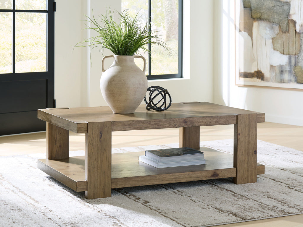 Light brown rectangular cocktail table with lower shelf and sturdy legs