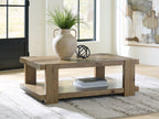 Light brown rectangular cocktail table with lower shelf and sturdy legs