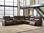 Dark brown power reclining sectional sofa with light gray recliner seats