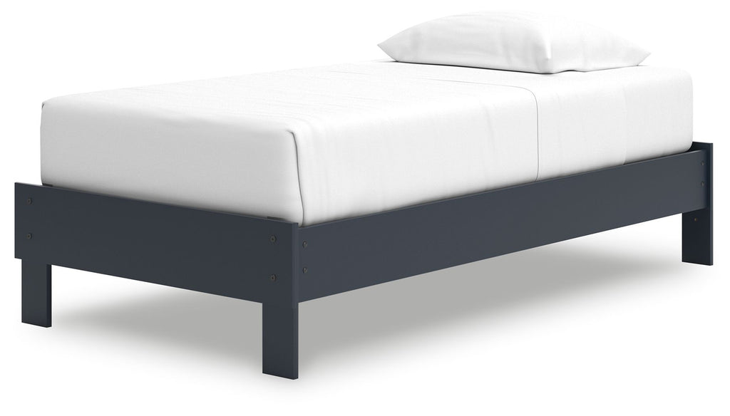 Simmenfort platform bed with white mattress and dark gray frame, low profile