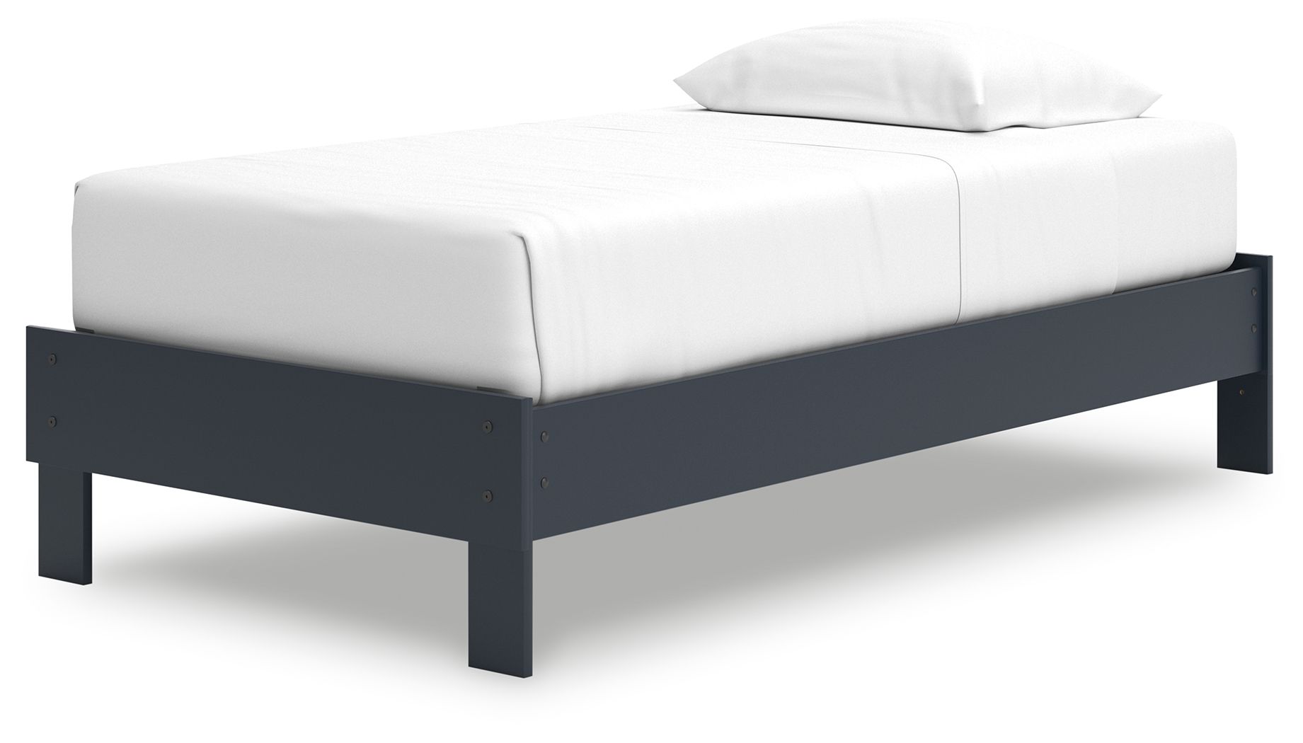 Simmenfort platform bed with white mattress and dark gray frame, low profile
