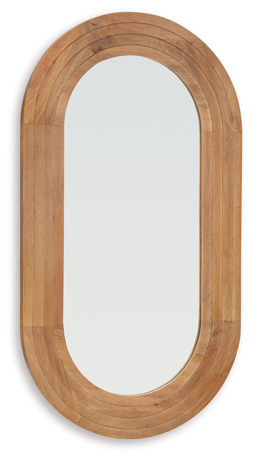 Brown oval accent mirror with arched top and layered wood border
