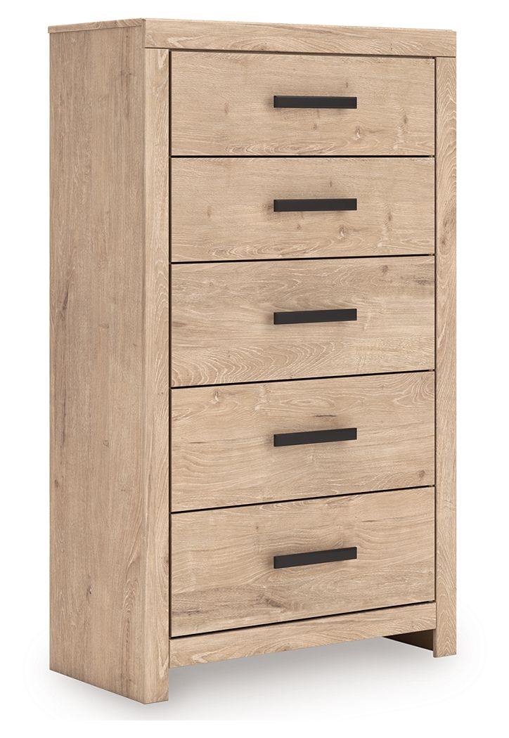 Sanginlane five-drawer chest, light tan wood, five black bar handles
