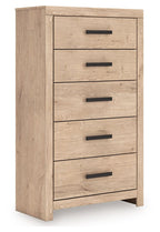 Sanginlane five-drawer chest, light tan wood, five black bar handles