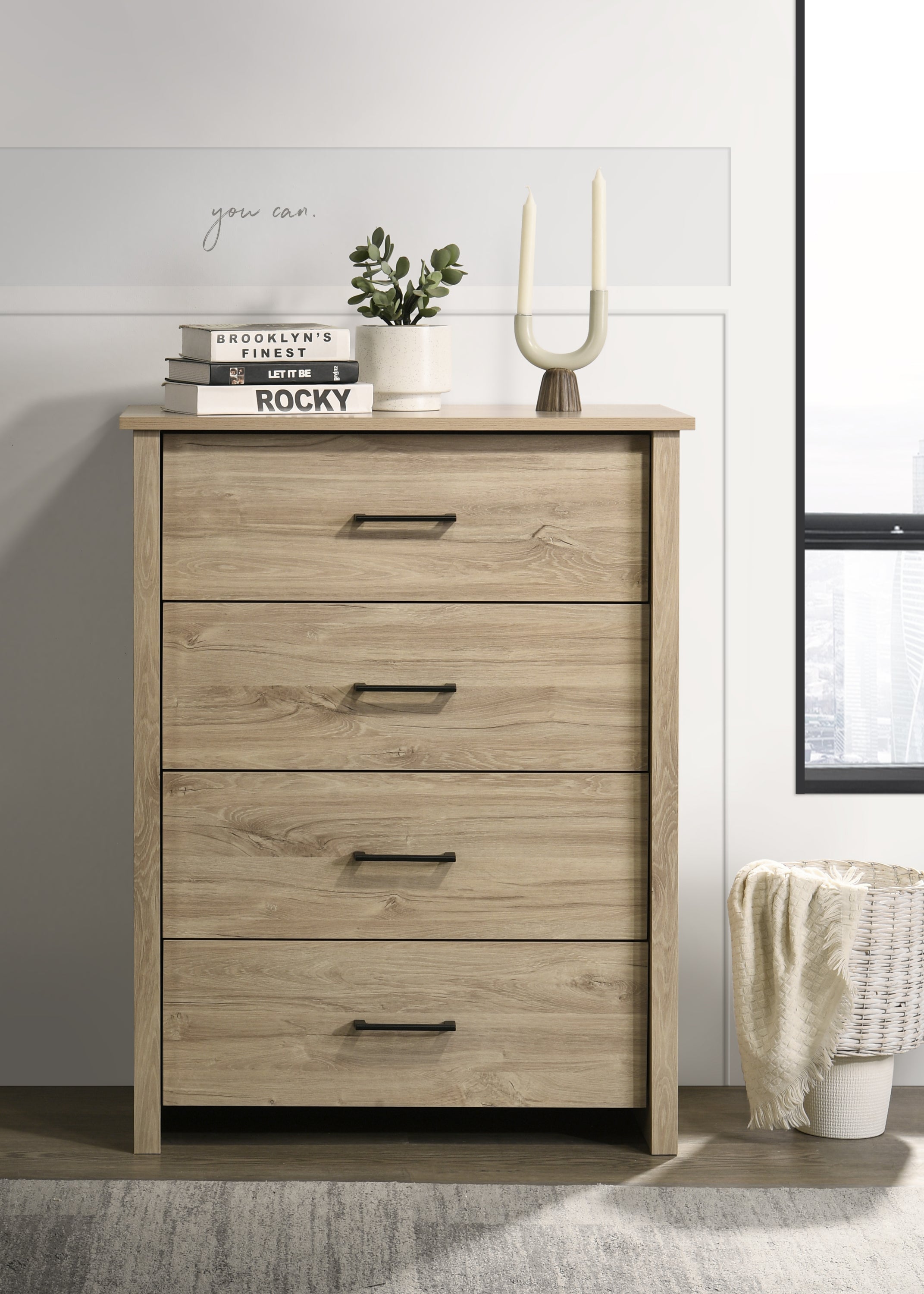 Celeste 32"W Light Oak 4-Drawer Chest, Black Handles