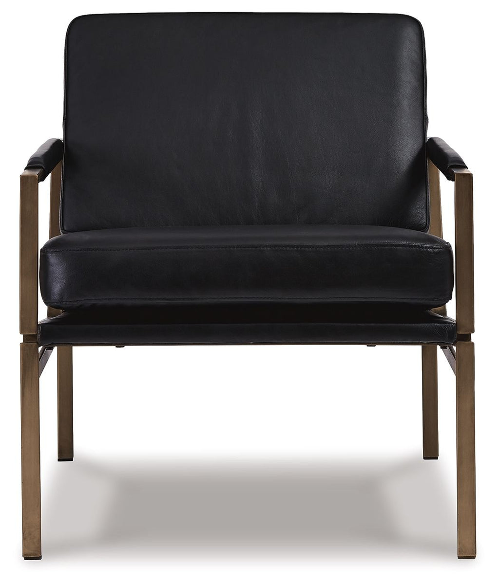 Black leather-look accent chair with padded backrest and seat cushion on wood legs.