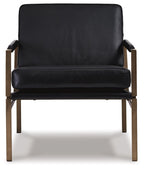 Black leather-look accent chair with padded backrest and seat cushion on wood legs.