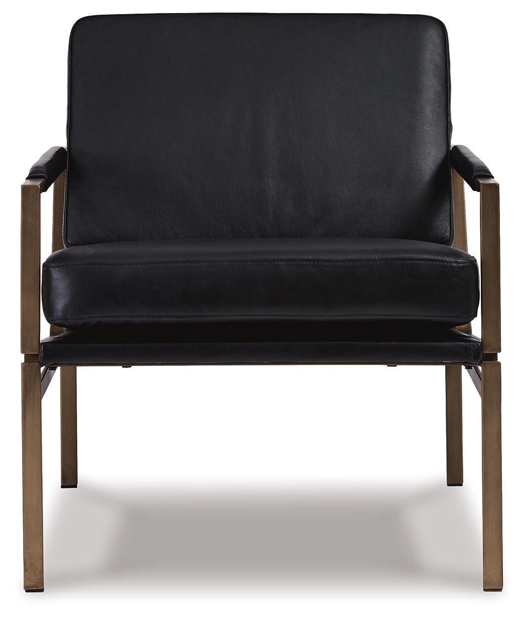 Black leather-look accent chair with padded backrest and seat cushion on wood legs.