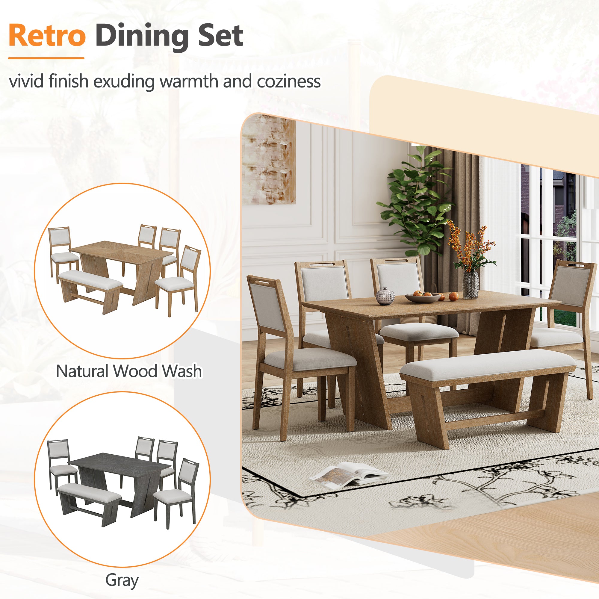 6-Pc Retro Dining Set w/ Bench - Natural Wood