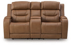 Power reclining loveseat with audio seating, brown upholstery, tall padded back and armrests