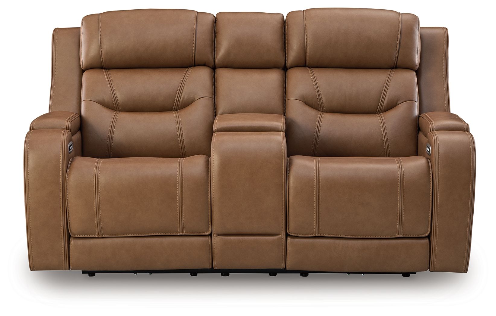 Power reclining loveseat with audio seating, brown upholstery, tall padded back and armrests