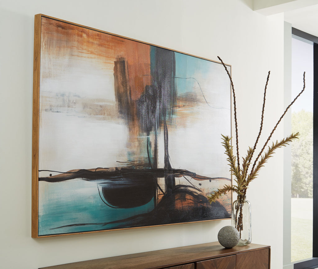 Brunonia abstract wall art with teal and orange washes and bold black brush lines
