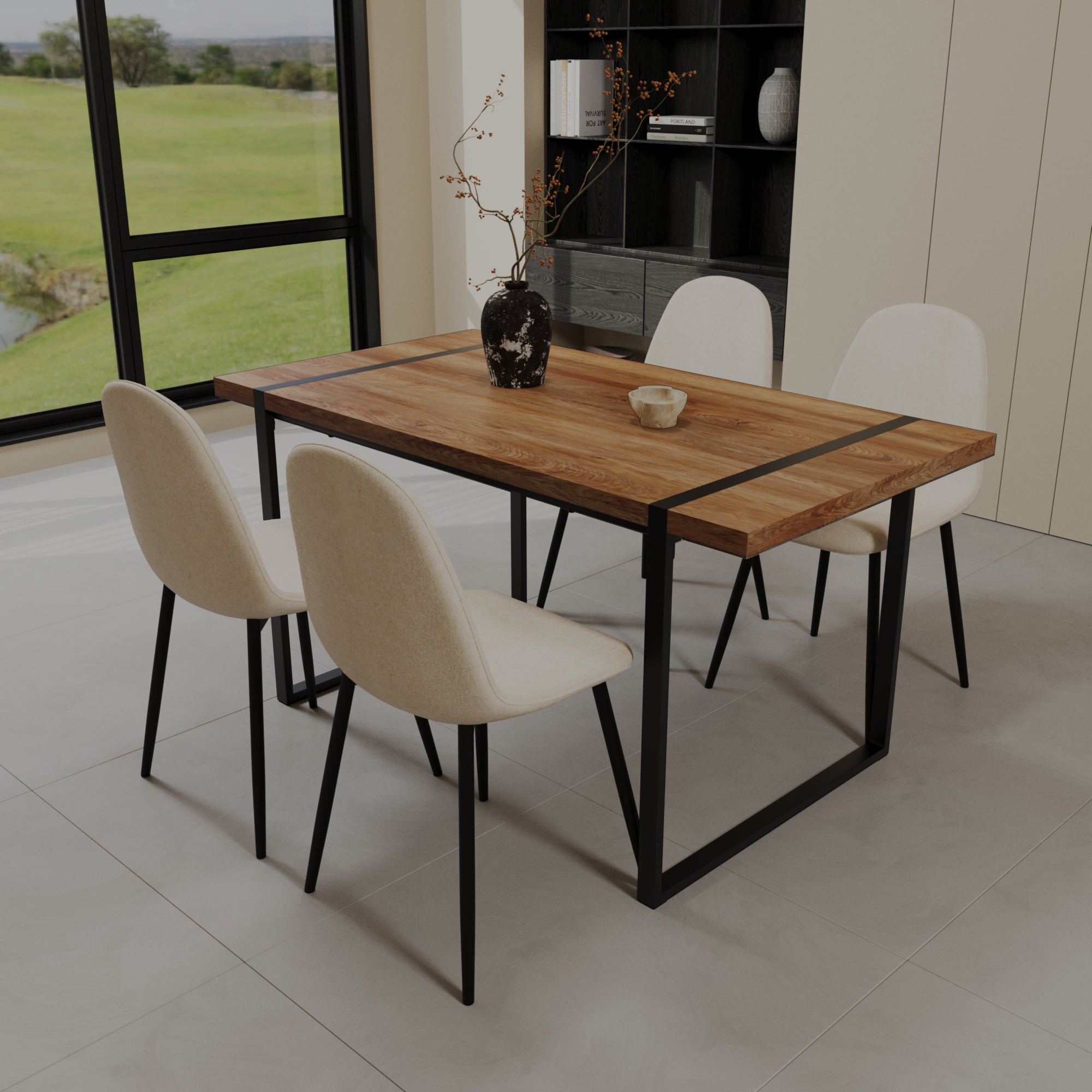59" Modern Dining Table & 4 Suede Chairs Set