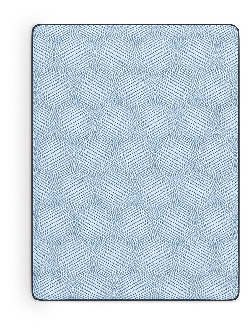 Blue hybrid mattress top view with textured fabric pattern