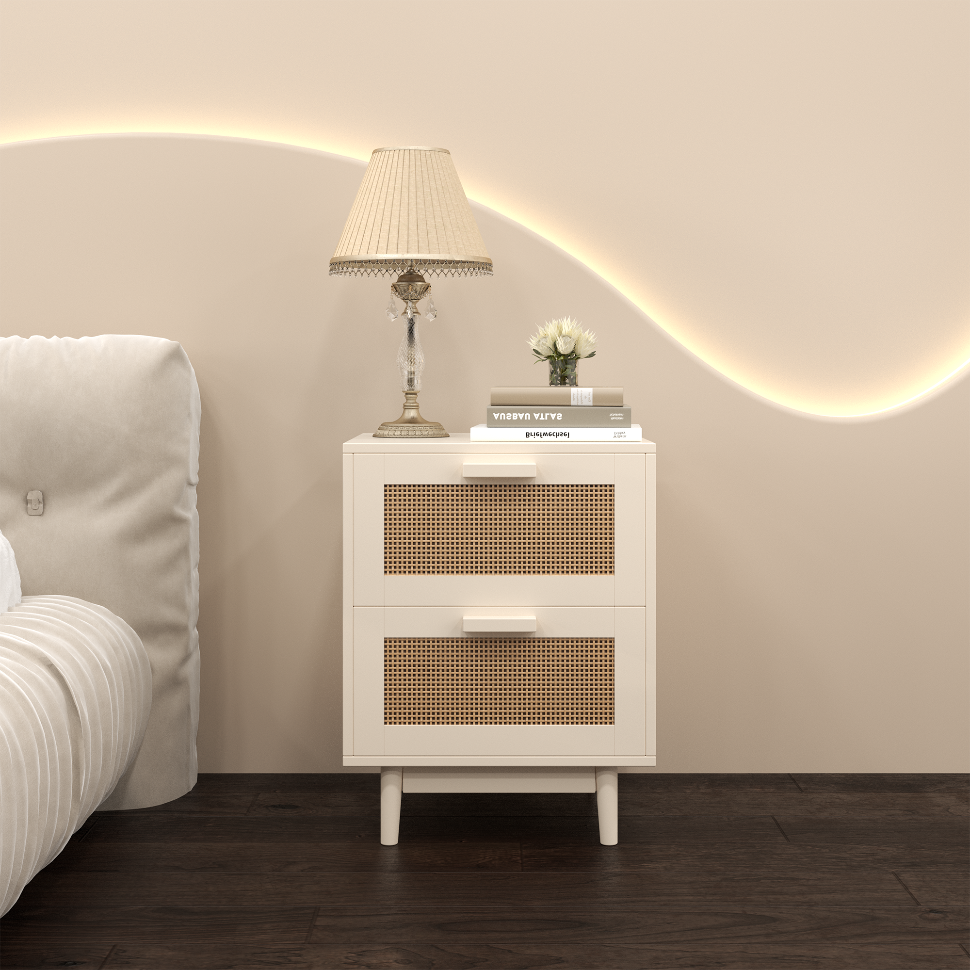 Burly Wood Rattan Nightstand: Wood End Side Table for Bedroom Storage