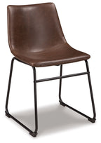 Brown upholstered side chair with dark metal frame