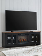 Black TV stand with electric fireplace, faux crystals insert, four-door storage