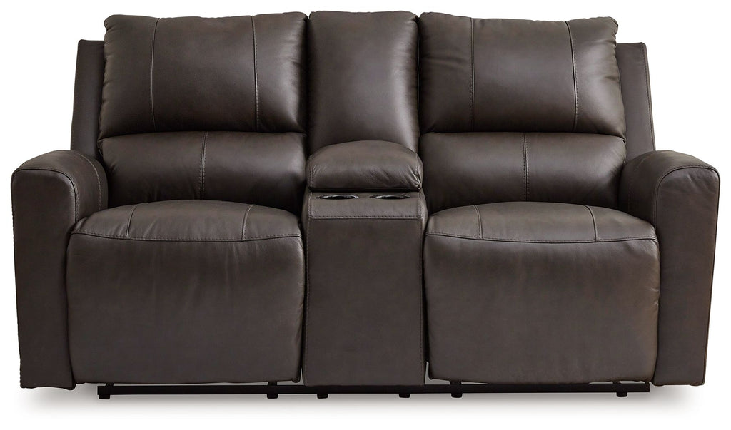 Dark brown reclining loveseat with two seats, console pad, and curved armrests