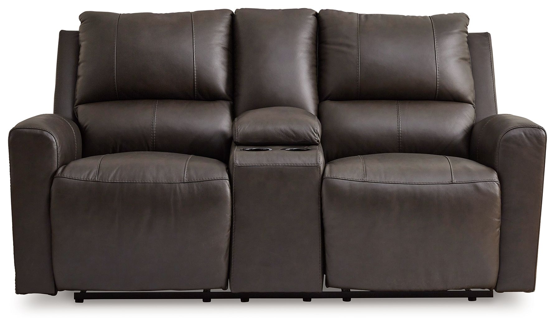 Dark brown reclining loveseat with two seats, console pad, and curved armrests