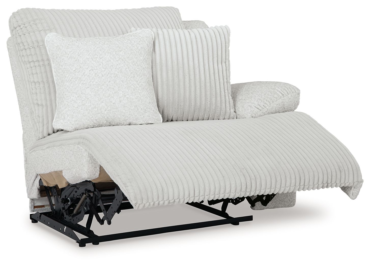 Light gray wall recliner with ribbed fabric, open footrest mechanism, two pillows