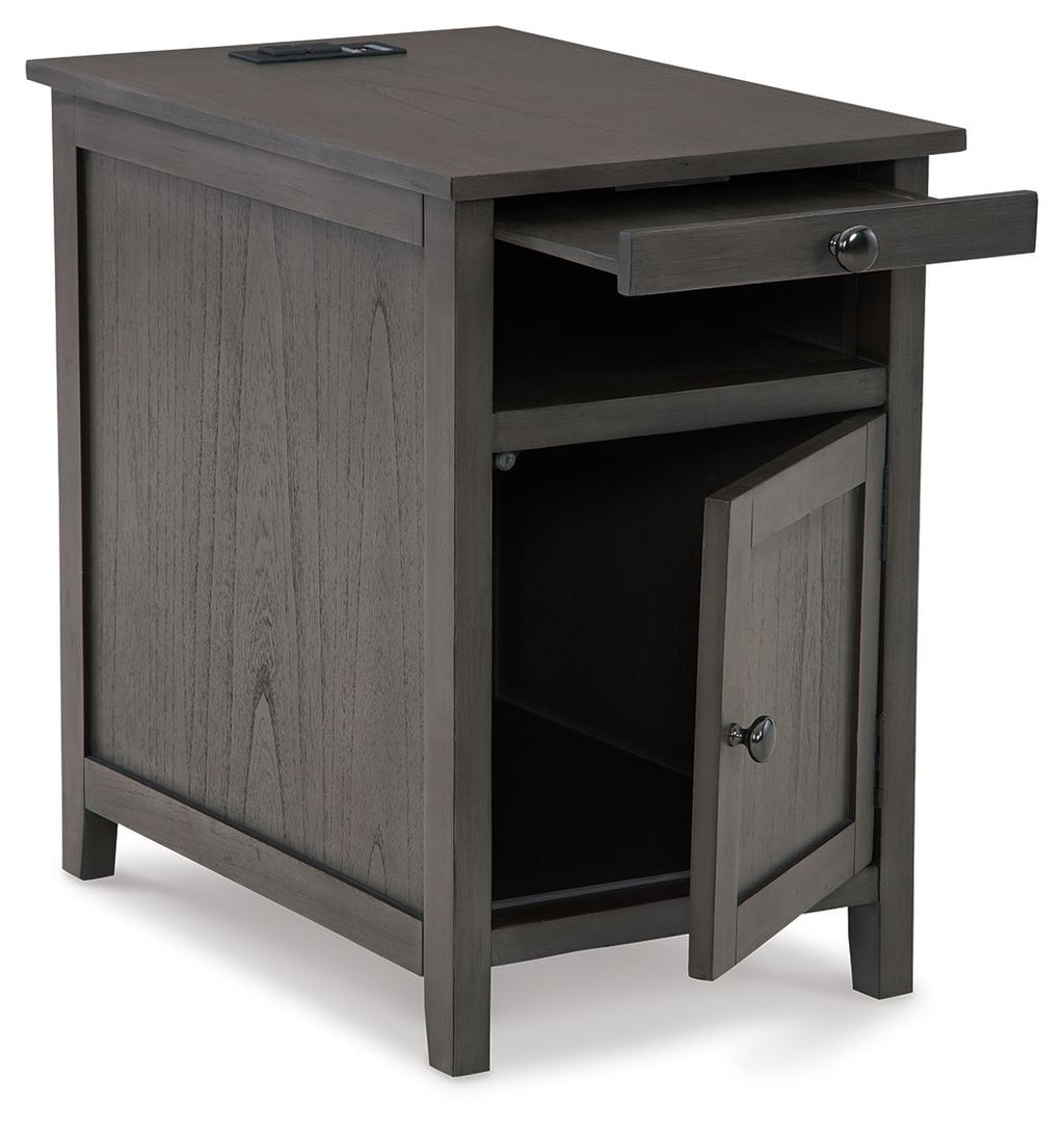 Chair-side end table, dark gray with drawer and cabinet door, open shelf