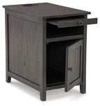 Chair-side end table, dark gray with drawer and cabinet door, open shelf