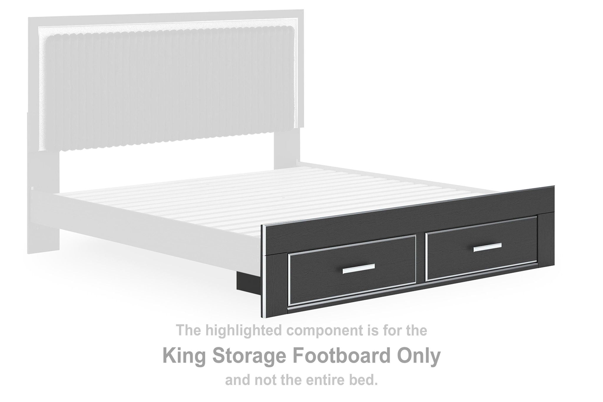 Black storage footboard with two drawers and silver bar pulls